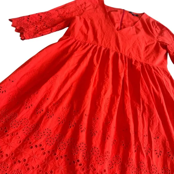 Madewell A-Line Dress Eyelet Cutout Trim 3/4 Sleeves Cotton Size 10 Women's - Image 5