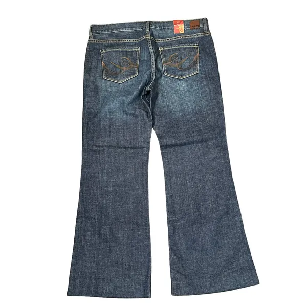 Express E2 Eva Full Leg Flared Jeans Size 31 Mid-Rise Stretch‎ Dark Wash Denim - Image 8