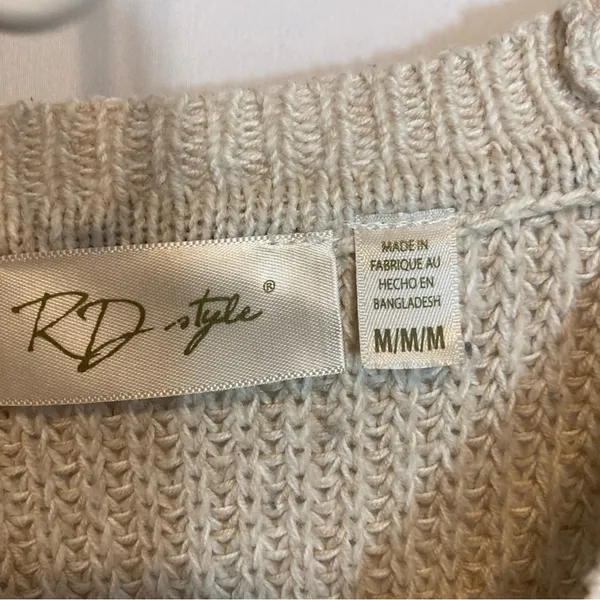 RD Style Knit Cotton Blend Cream Buttons Crew Neck Pullover Sweater Medium - Image 3