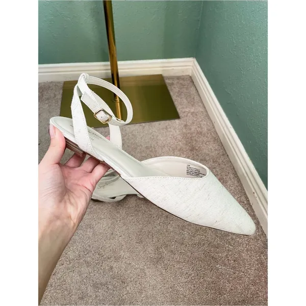 New Seychelles Memory Foam Footbed Pointed Toe Linen Strap Flats Size 10M Cream - Image 5