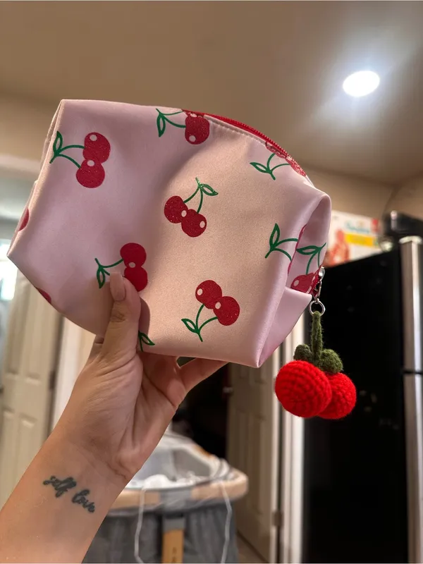 Ulta Beauty Pink Cherry Print Makeup Pouch with Red Cherry Charm - Image 2