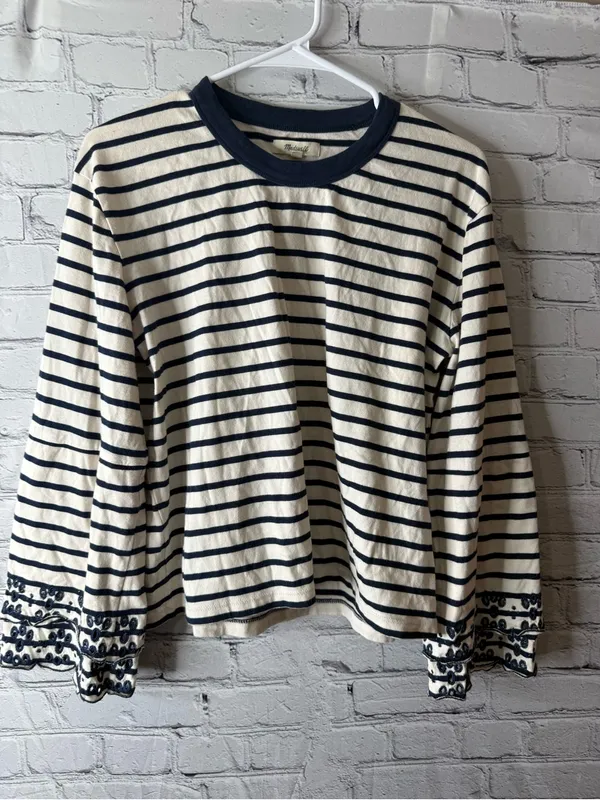 Madewell Navy and Cream Striped Long-Sleeve Tee with Embroidered Cuffs - Image 2