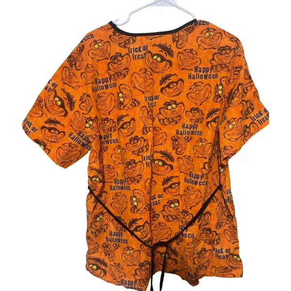Women's Disney‎ Scrub Top XL Cheshire Cat Alice in Wonderland Halloween Orange - Image 4