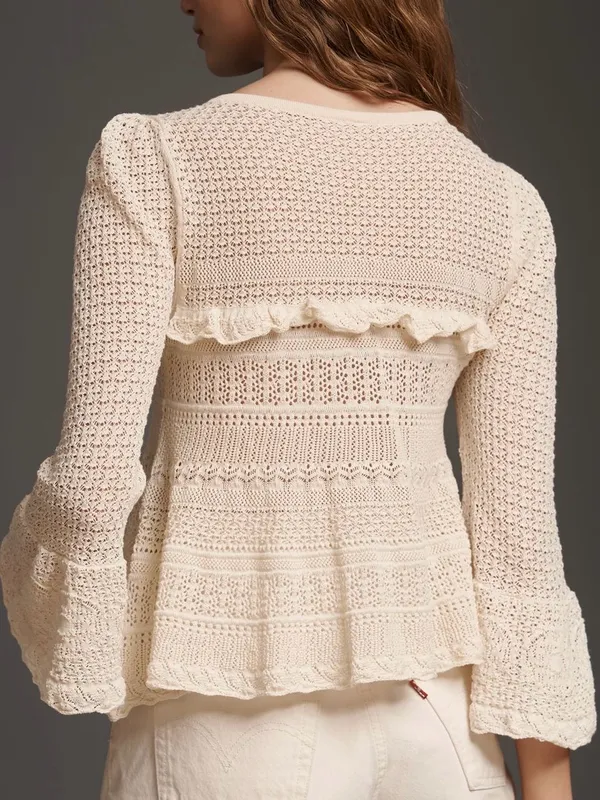NWT Anthropologie Cream Crochet Knit Button-Front Sweater with Ruffle Trim - Image 4