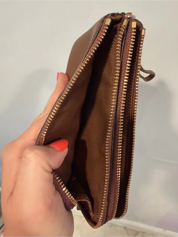 Coach Brown Pebbled Leather Zip Wristlet with Gold Logo - Image 3