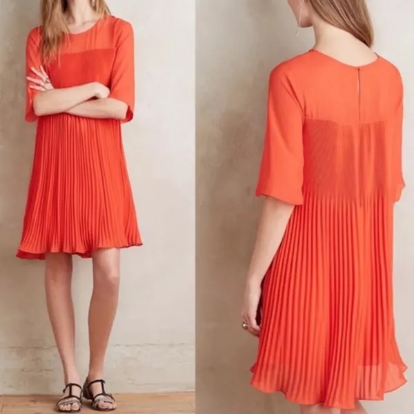 Anthropologie Maeve Edie Pleated Swing Dress Size 8 Orange - Image 2