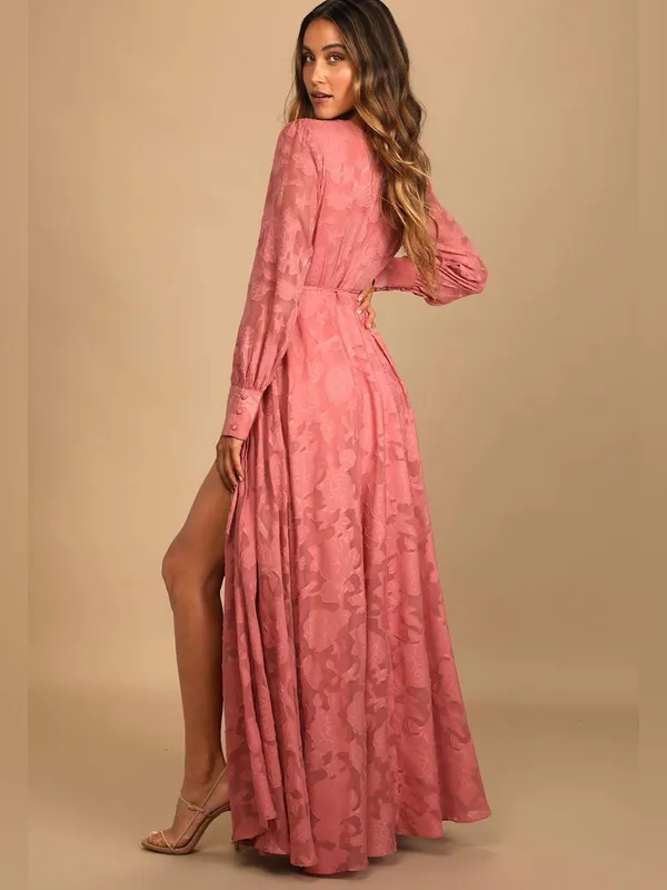Lulus Kept Your Love Rose Pink Floral Jacquard Long Sleeve Maxi Dress Size XL - Image 2