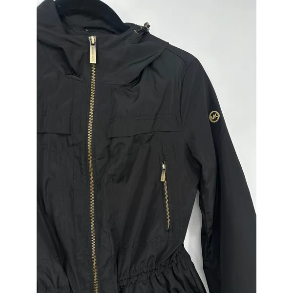 Michael Kors Anorak Raincoat Jacket Women XS Black Hooded Gold Hardware Utility - Image 2