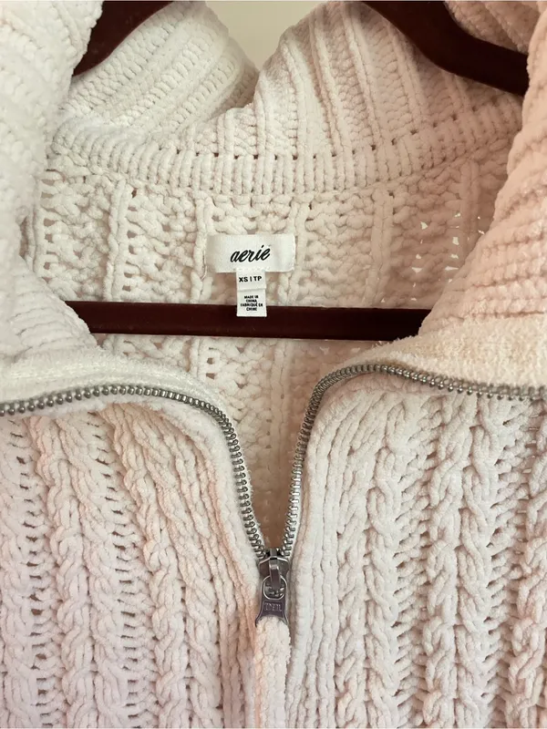 Aerie Cable Car Quarter Zip Sweater Toasted Coconut Chenille Pullover Size XS - Image 4