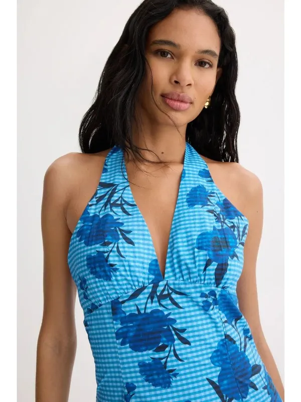 Jewel x Badgley Mischka Halter V-Neck Mini Dress in Blue 6 Womens Floral - Image 3