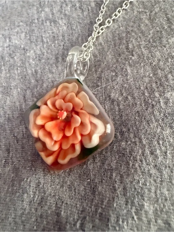 Glass Pendant Necklace with Peach Floral Accent - Image 2