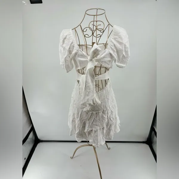 Altar'd State White Puff Sleeve Tie Back Mini Dress Size Medium - Image 11