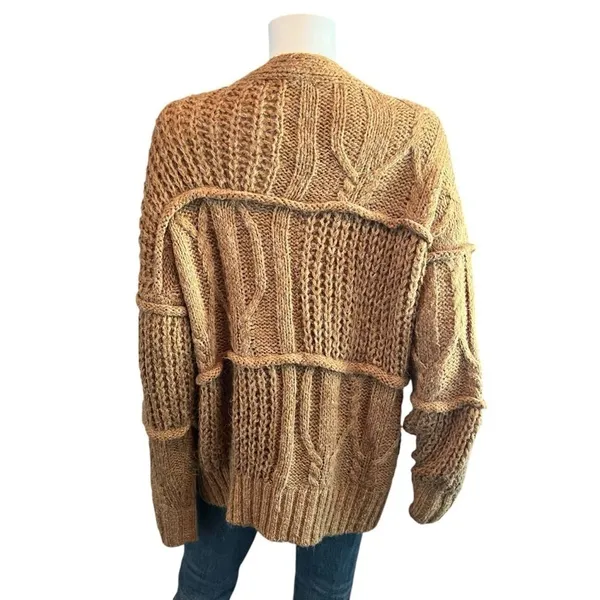 Leela & Lavender Oversized Tan Boyfriend Grandpa Cable Knit Cardigan Sweater L - Image 4