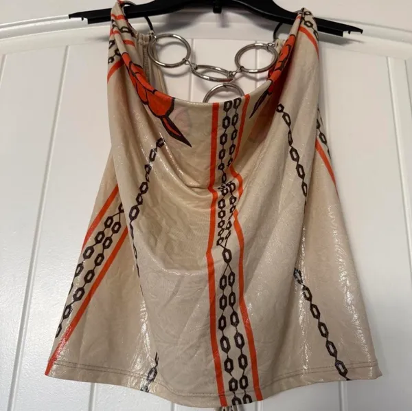 Y2K Backless Chain-Link Halter Top with Oversized O-Ring Hardware – Glossy Cream, Orange & Black - Image 5