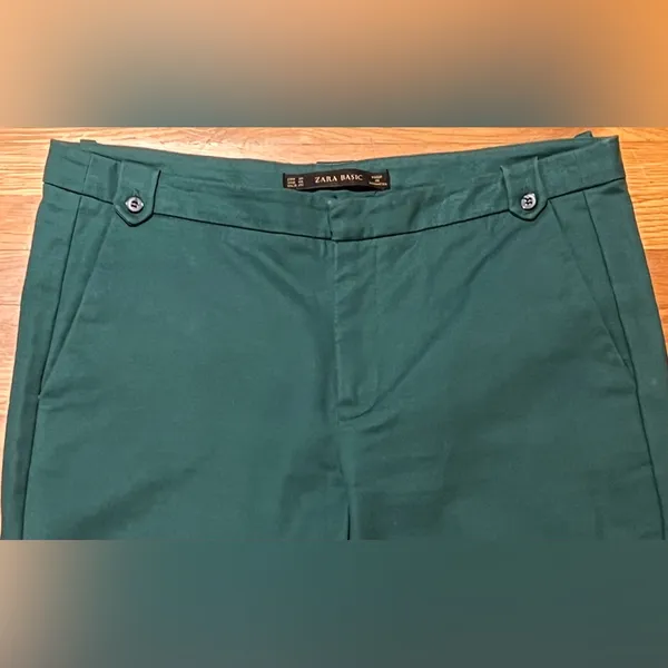 ZARA Green‎ Cotton Stretch Cropped Ankle Pants Button Details Size 4 1628/225 - Image 6