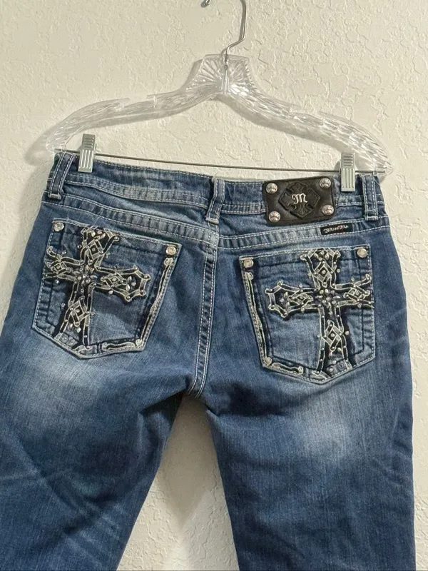 Miss Me Bootcut Jeans Medium Wash Embroidered Rhinestone Size 32 cut offs - Image 3
