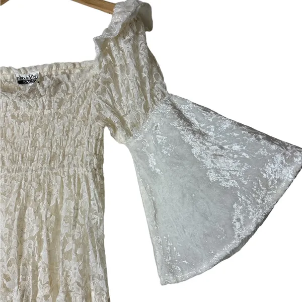 Vintage Cream Lace Velvet Victorian Cottagecore Dress Flare Sleeves Ruffle - Image 5
