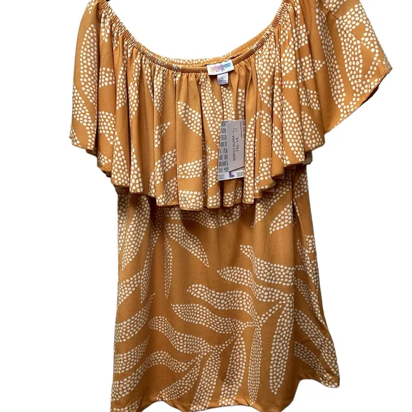 LulaRoe Alana ruffle flounce top. Mustard Gold Cream Palm design Large - Image 3