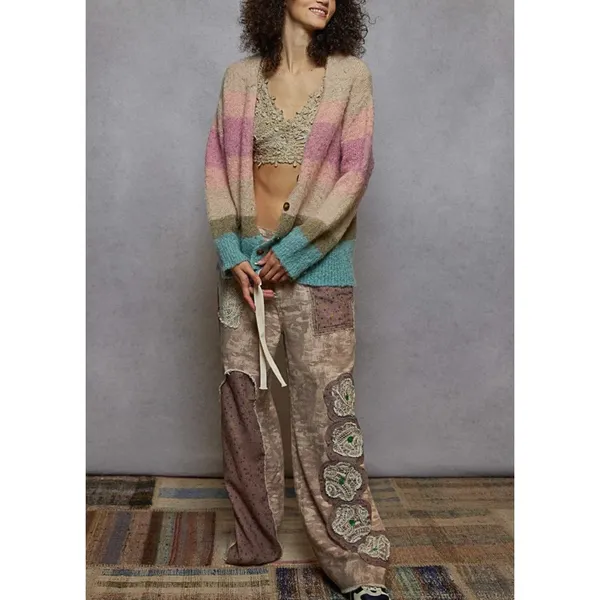 POL Relaxed Fit Multicolor Stripe Mohair Button Up Cardigan Size L Boho Sweater - Image 3