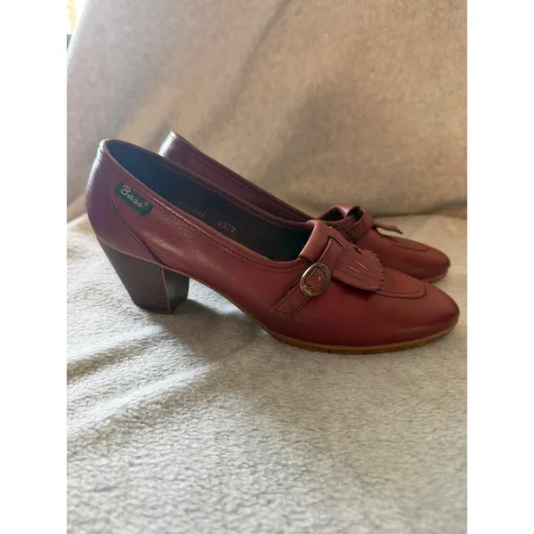 Bass Vintage Kiltie Loafer Pumps Womens 9 M Burgundy Leather Block Heel Fringe - Image 4