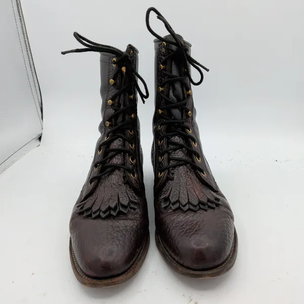Justin Exotic Leather Packer Roper Boots Women Brown Leather Lace Kiltie 8 B USA - Image 3