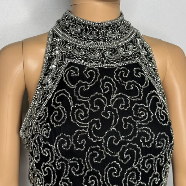 Vintage 1980s Papell Boutique Black Silver Beaded Silk Evening Top Small - Image 6