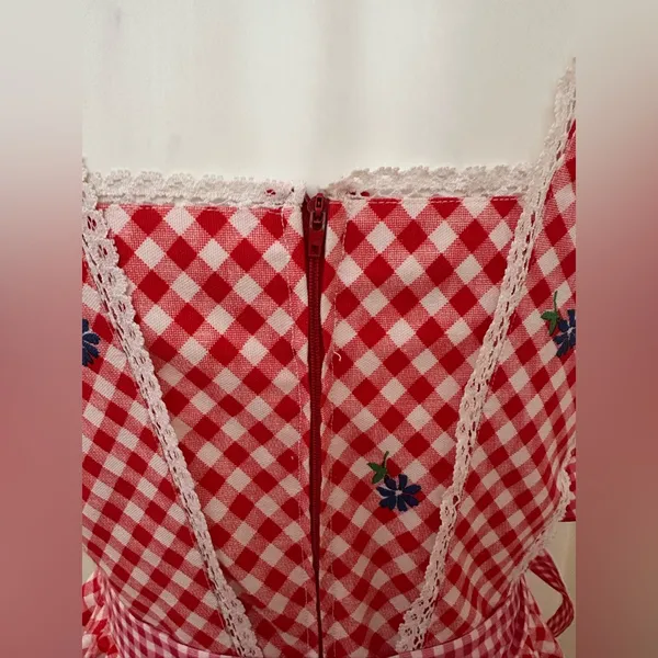 Red White Retro Gingham Checkered Lace Sleeveless Wing Hand Made Dress Sz S - Image 12