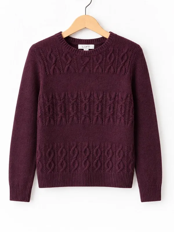 LOFT Burgundy Plum Crewneck Pullover Cable Knit Chunky Sweater Split Hem Medium - Image 4