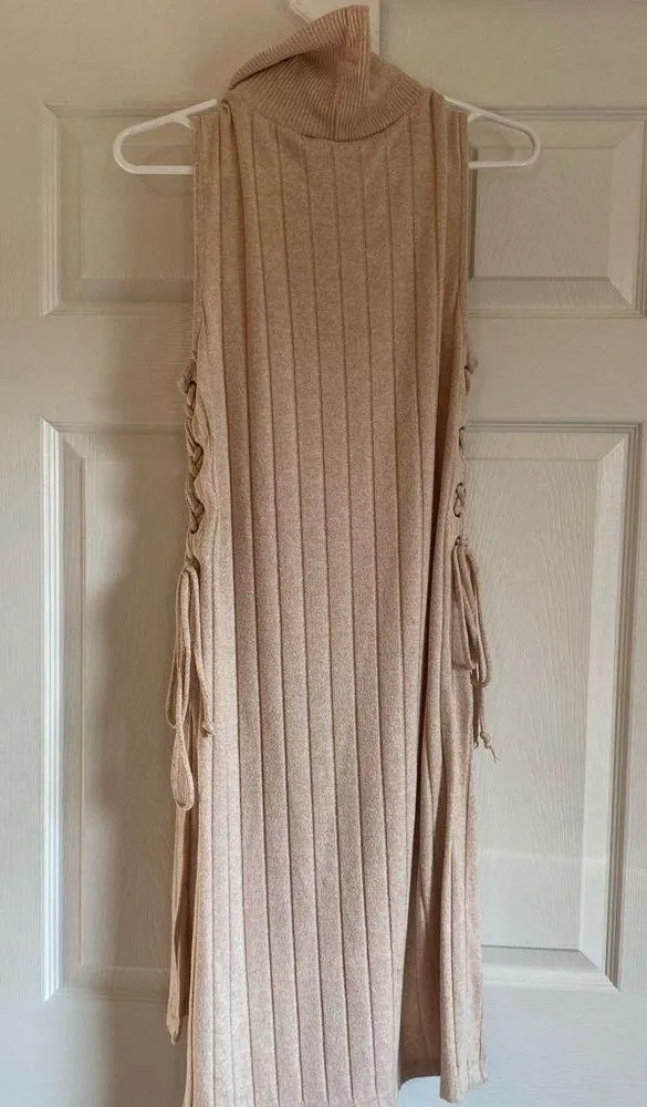 Anthropologie small lace up turtleneck cream tan sleeveless sweater dress - Image 3