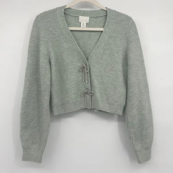 H&M Womens‎ Sage Icy Green Rhinestone Bow Cropped Coquette Cardigan Sweater XS - Image 2