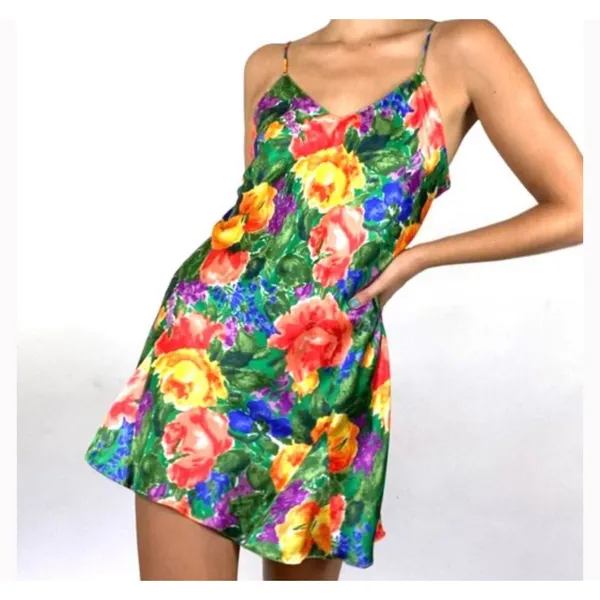 Victoria's Secret Vintage Gold Label 90s Vibrant Floral‎ Print Mini Slip Dress S - Image 2