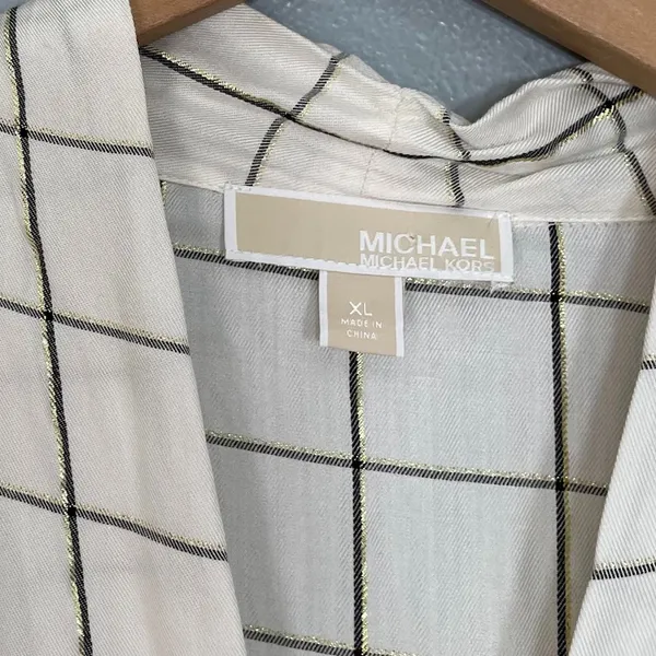 Michael Kors Shirt Size XL Ivory Windowpane Plaid White Metallic Gold Popover - Image 6