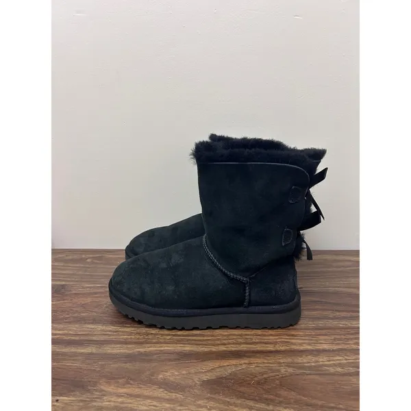 UGG Bailey Bow II Black Suede Sheepskin Boots Womens 7 1016225 Double Bows - Image 2