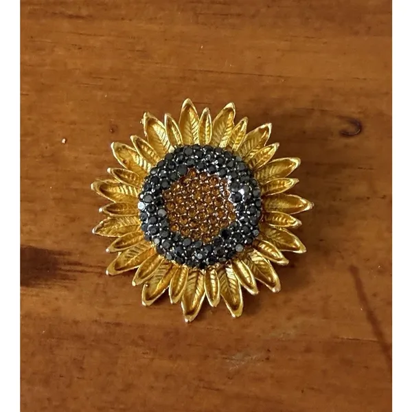 Sunflower Statement Brooch Gold Tone Black Amber Rhinestone Floral Flower Pin - Image 3