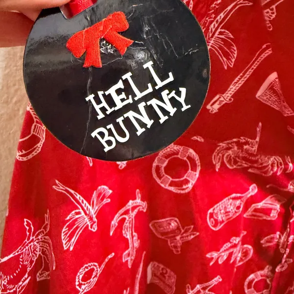 Hell‎ Bunny Red Nautical Print Halter Dress Womens Large Rockabilly Retro Pinup - Image 7