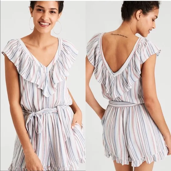 AMERICAN EAGLE V-Neck Ruffle Striped Romper - Image 2