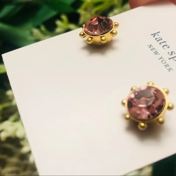 Kate Spade New York Rose Pink Crystal Stud Earrings Gold Tone Prong Set NWT - Image 6
