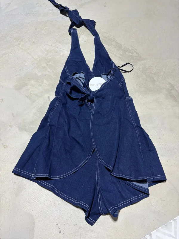 Selfie Leslie NWT Glowing halter neck Dark Blue Denim Romper XS MSRP$90 - Image 6