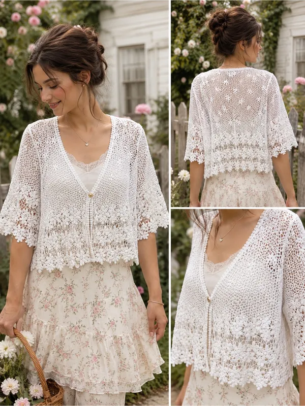 Vintage White Crochet Lace Cotton Cardigan Cover Up Women's XL Boho Cottagecore - Image 2