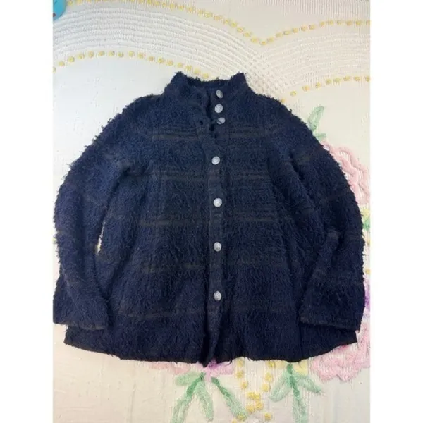 Free People Fuzzy Stripe‎ Button Front Cardigan Blue Olive Green Women's S - Image 3