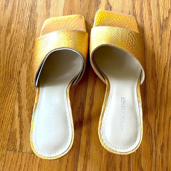 Marc Fisher- “Danria” Square Toe Gold Metallic Slide Dress Heels-8M- NEW - Image 2