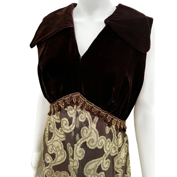 Brown and Gold Velvet and Lace Vintage Maxi Dress Med/Large - Image 3