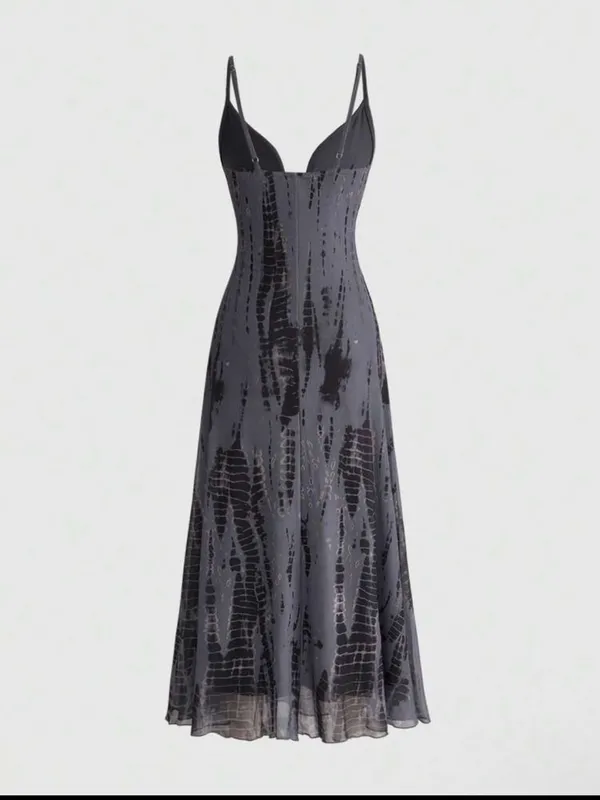 Sleek Gray Grunge Goth Plunge Maxi Dress with High Slit New - Image 10