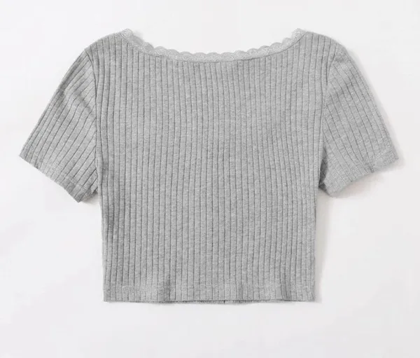 SheIn Lace Trim Button Front Rib Knit Tee - Image 3