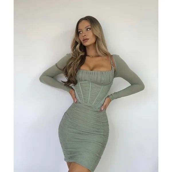 House Of CB Dress Freyja Gathered Corset Ruched Satin Mesh Knee Green‎ Small EUC - Image 8
