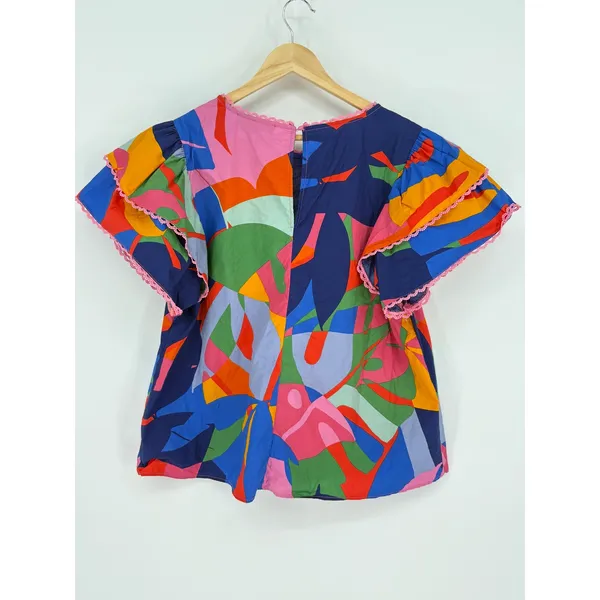 Sugarlips Abstract Floral Blouse Women XL Multicolor Flutter Sleeve Crochet Trim - Image 5