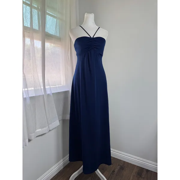 Vintage ‘80s Navy Blue Sleeveless Spaghetti Strap Maxi Dress - Image 5