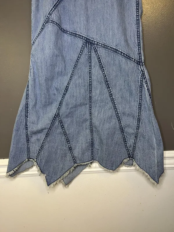 Urban Outfitters Skirt Womens XS Blue Denim Trumpet Long Asym Hem Boho Frayed - Image 3