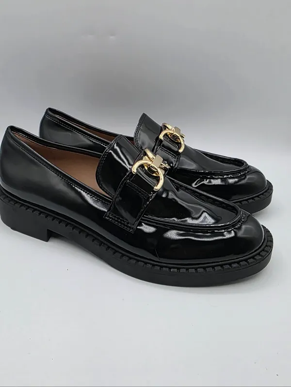 Womens Platform Patent Loafers Slip On Shoes Size 9.5 Black Gold Accents INC NEW - Image 4