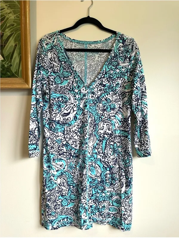 Lilly Pulitzer Juliet Dress Hippy Hippy Shake Womens Large V Neck Blue Black - Image 2